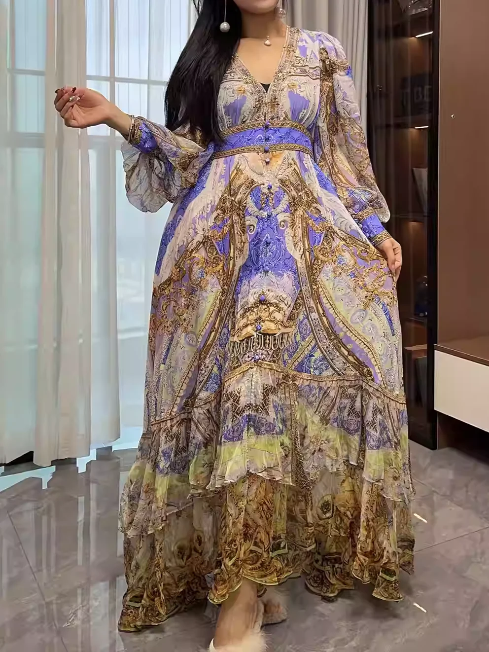 Senhoras azul impressão 100% seda maxi vestido de cristal frisado com decote em v manga longa cintura alta babados em camadas férias feminino robe