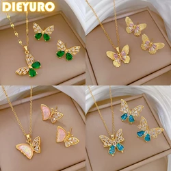DIEYURO 316L Stainless Steel Steell Multicolour Crystal Hollow Out Butterfly Necklace Earring Set Women New Fashion Jewelry Gift
