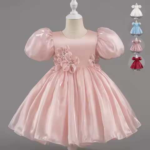 Solid Color Girl Princess Dress Short Sleeve Lace Flower Girl Dresses for Weddings Summer Children's Evening Dress 1-7 Years