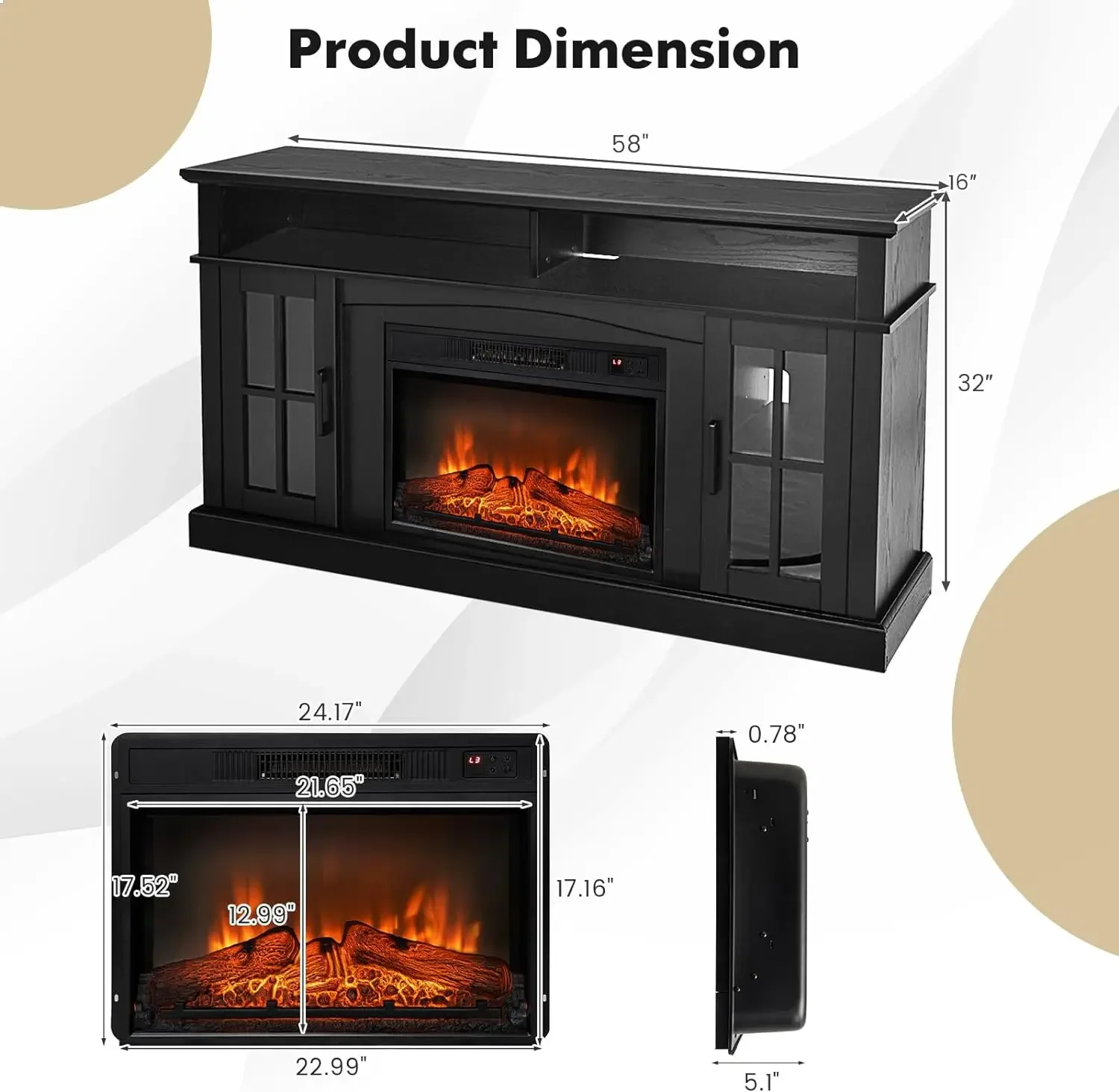 Electric Fireplace TV Stand for TVs Up to 65 Inches, 1400W Heater Insert with Remote Control, 6H Timer, 3-Level Flame