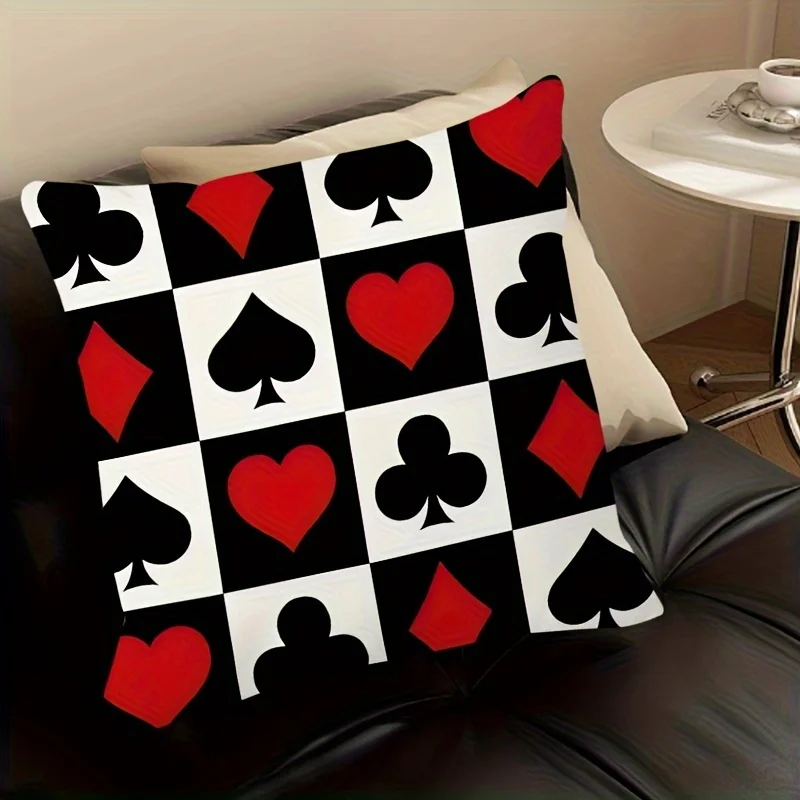 1pc Playing Card Suits Checkerboard Throw Pillow Cover,Suitable for Sofa, Bedroom, Living Room,Unique Gift for Card Game Lovers.