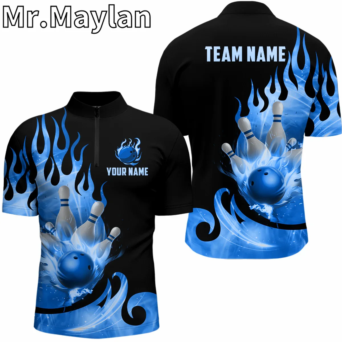 

3D Custom Black & Blue Bowling Quarter-Zip Polo Shirt For Men And Women Flame Bowling Team Jersey Outfit Gift for Bowling Lovers