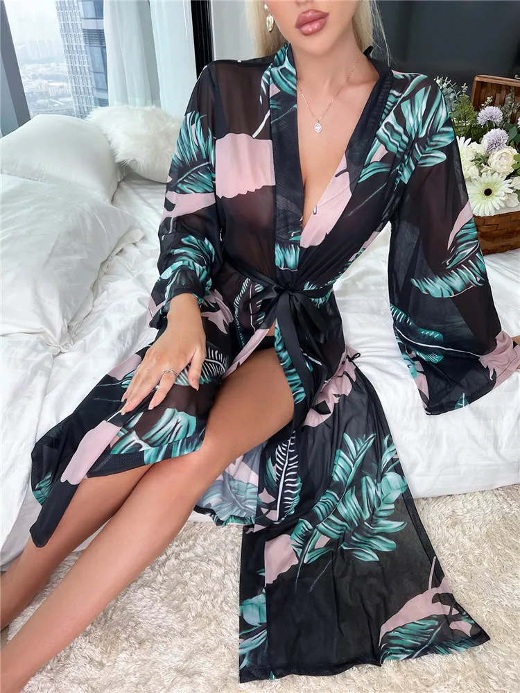 Summer Autumn Women\'s Bathrobe Print Belted Bridesmaid Robe Open Side Long Night Gown Mesh Nightie