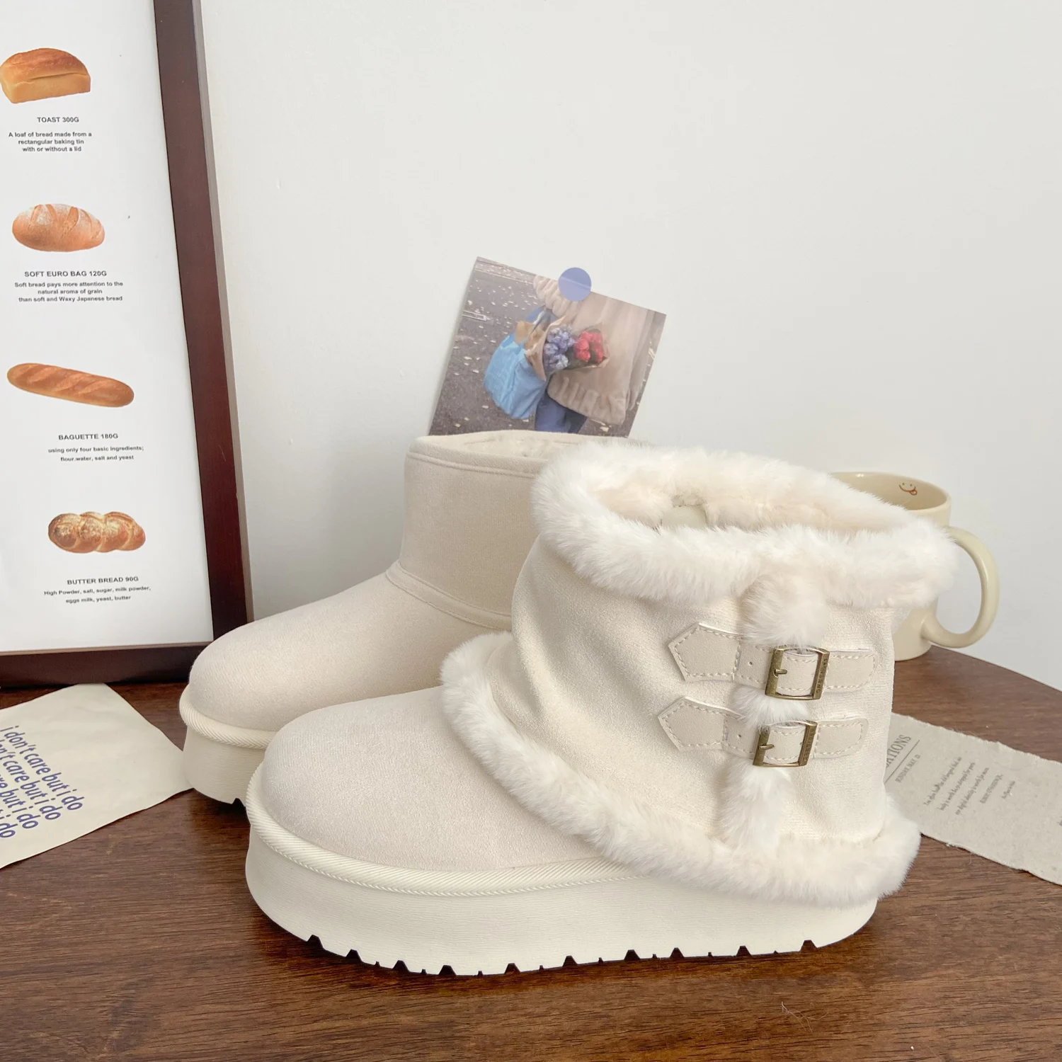 Women's Fce Lined Snow Boots Removable Warm Cotton oes Chic Korean Sle Belt Bule Mid-Calf Winter Faion Boots