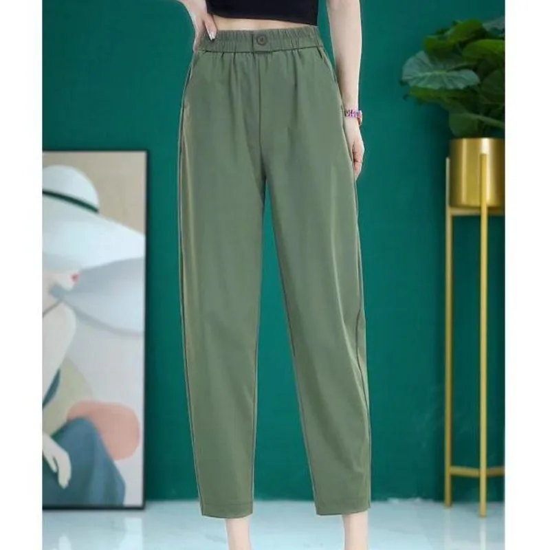 

2024 New Summer Women's Patchwork High Waited Solid Color Button Pocket Thin Ice Silk Simple Casual All-match Loose Haren Pants