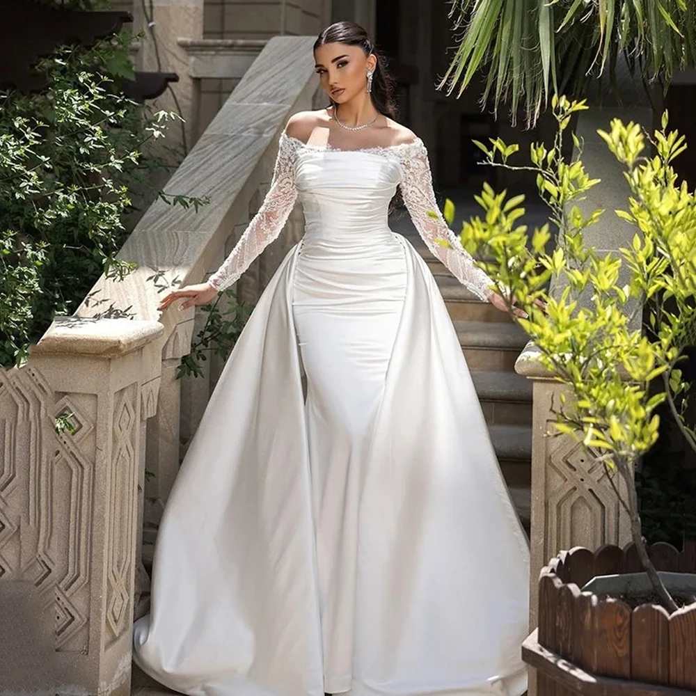

2025 Luxurious Women Wedding Dresses Sexy Mermaid Bridal Gowns Lace Printing Vestidos De Novias With Detachable Tail Customized