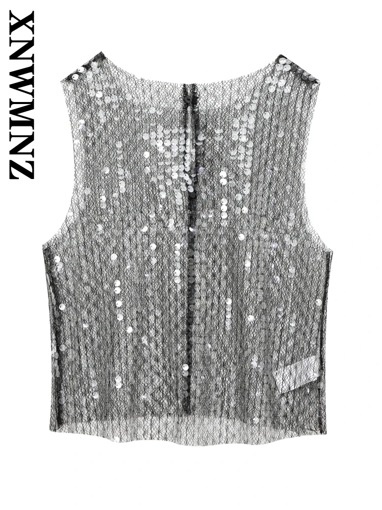 XNWMNZ 2024 Autumn Woman Chic O-Collar Top Gilet Party Female Sleeveless Button back Vest Ruffles Regular Fit Sequins Waistcoat