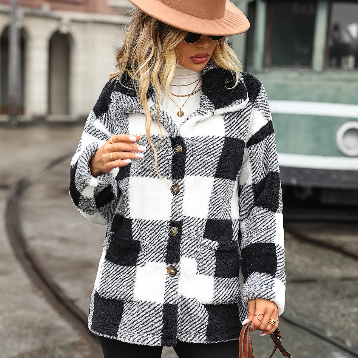 

Fashionable Autumn and Winter Women's Lapel Long-sleeved Mid-length Plaid Single-breasted Double-sided Velvet Casual Jacket