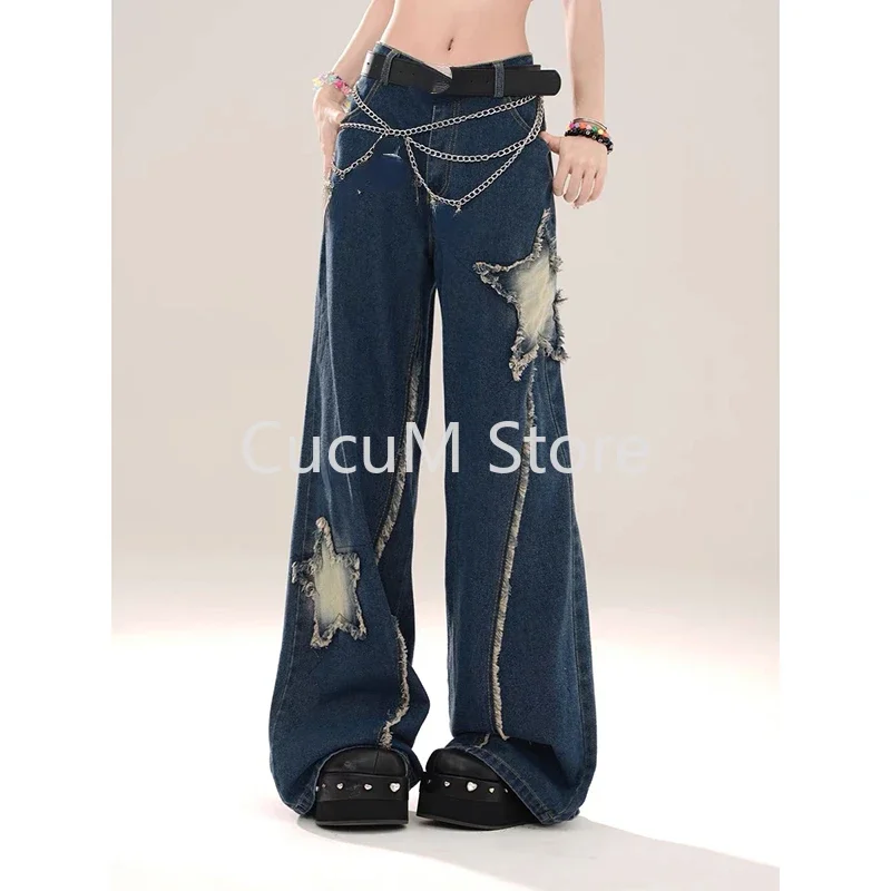 Women's Blue Star Jeans Harajuku Y2k Japanese 2000s Style Denim Trousers Aesthetic Baggy Jean Pants Vintage Trashy Clothes 2024