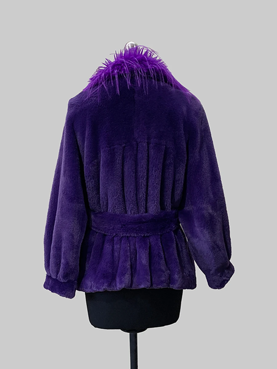 Nerazzurri Autumn Winter Short Purple Thick Warm Shaggy Faux Fur Coat Women with Faux Fox Fur Collar Sashes Luxury Fluffy Jacket