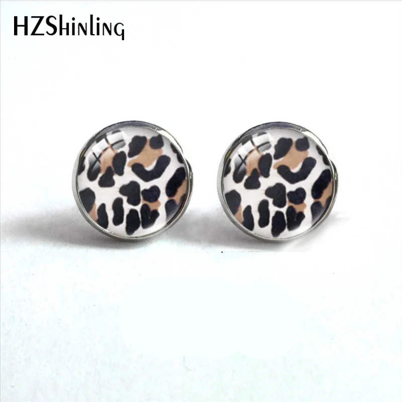 2023 New Animal Skin Leopard Pattern 12mm Round Stud Earrings Glass Cabochon Stud Earrings Handmade Ear Jewelry for Women