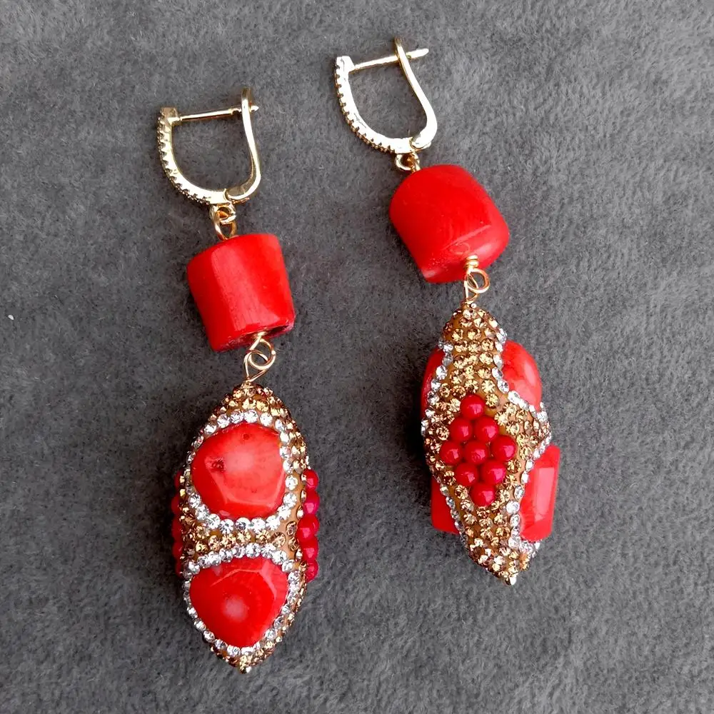 

YYGEM 17x36mm big rice shape Red Coral Crystal Pave Dangle Cz Lever Back Earrings Jewelry Gift New Women Earrings