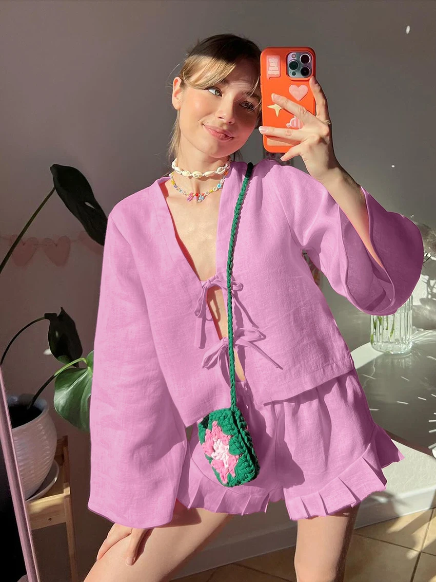 Marthaqiqi Loose Women Nightwear Set V-Neck Pajamas Lace Up Sleepwear Long Sleeve Nightgowns Shorts Casual Nightie 2 Piece Suits