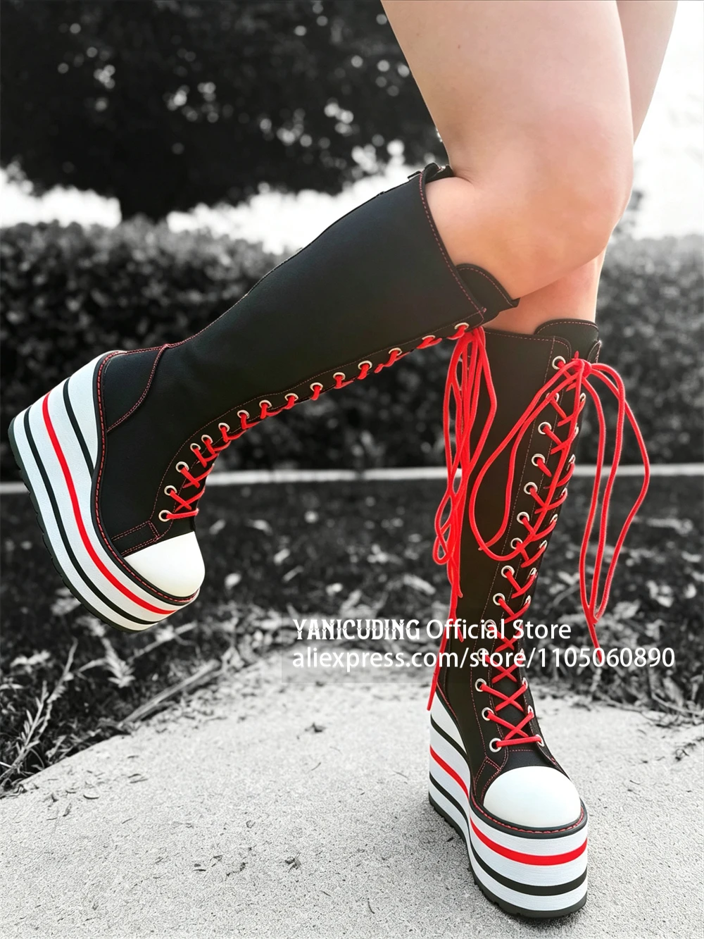 Skeleton Embroidered Canvas Wedge Boots Black Red and White Striped Wedge Heel Platform Knee-High Boots Lace-Up Cosplay Boots image 3
