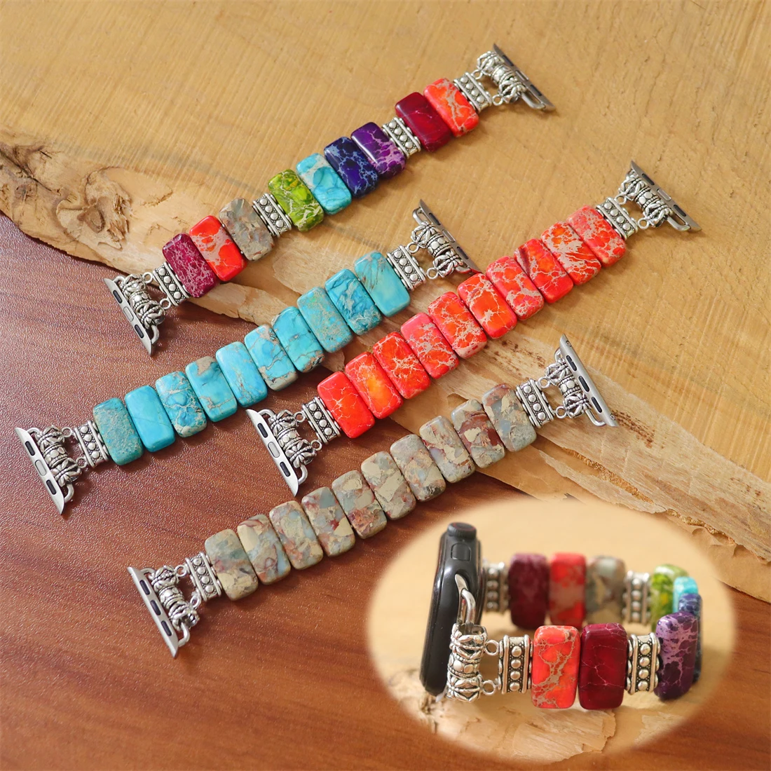 Gothic Aple Imperial Jasper Elastic Smart Watch Strap 38mm/45mm Stones Beaded Stretchy Wristwatch Band Lovers Iwatch Bracelet