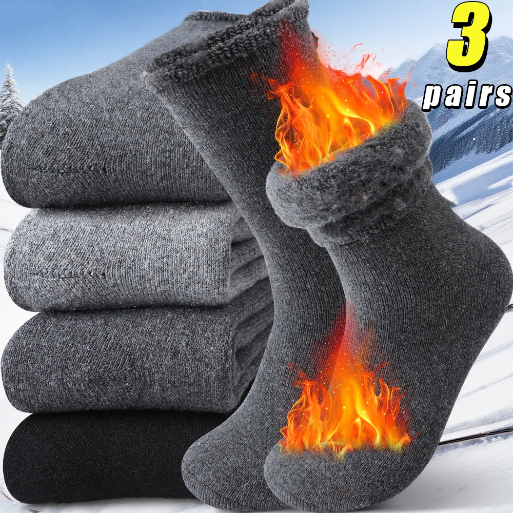 

3 Pairs Winter Wool Men's Long Crew Socks Super Thick Thermal Socks Soft Inner Plain Plush Looped Socks