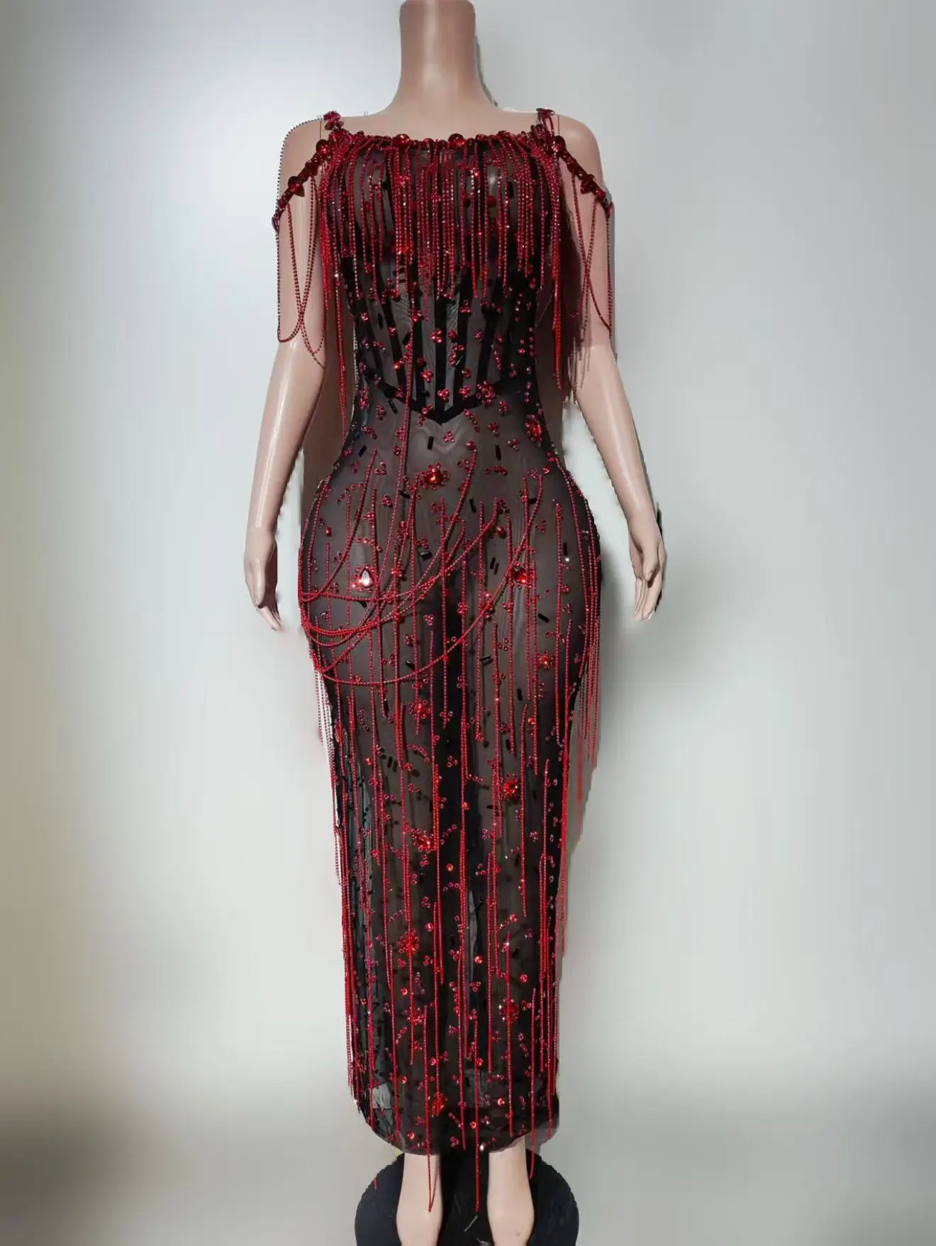 Lajiaochangqun Black Sheer Mesh Off Shoulder Dress with Red Rhinestone Fringe Embellishments for Drag Queen Stage Performances