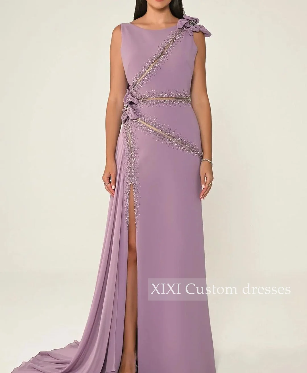 فستان سهرة XIXI مغرفة بياقة مطرزة بالخرز بطول أرضي مكشكشة بسحاب فساتين بلا أكمام لحفلة موسيقية Vestidos De Festa #6