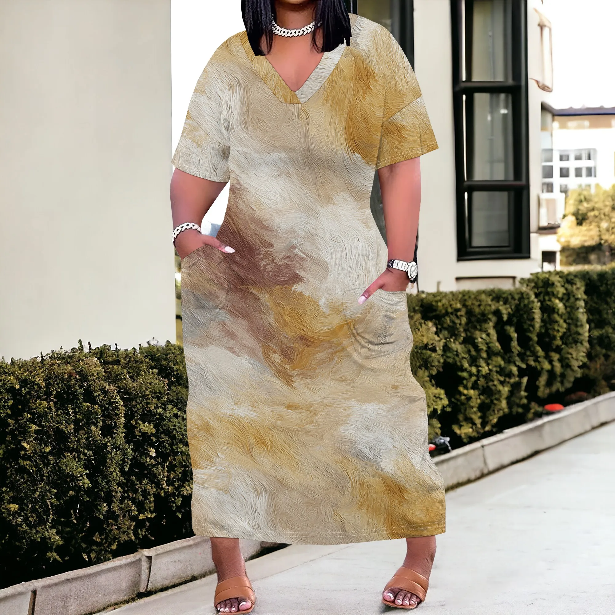 

Women's Plus Size Tie Dye Maxi Dress XL-6XL V Neck Boho Loose Fit Summer Beach Vacation Gown with Pockets