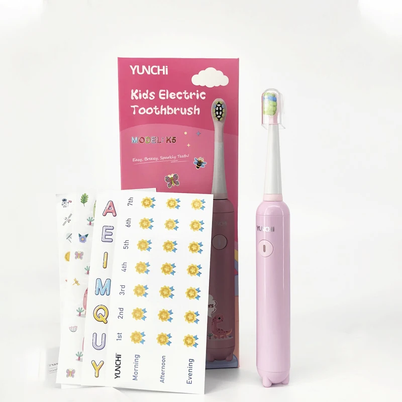 

Kids Rechargeable Electric Toothbrush with Waterproof Stickers IPX7 2 Min Timer Toothbrush With Replacement Head