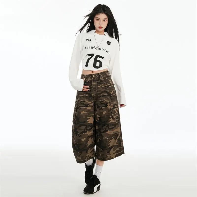 Y2k Retro Camouflage Denim Shorts Women Low Waisted Wash Cropped Baggy Jeans Wide Leg Frayed Cargo Shorts Pants