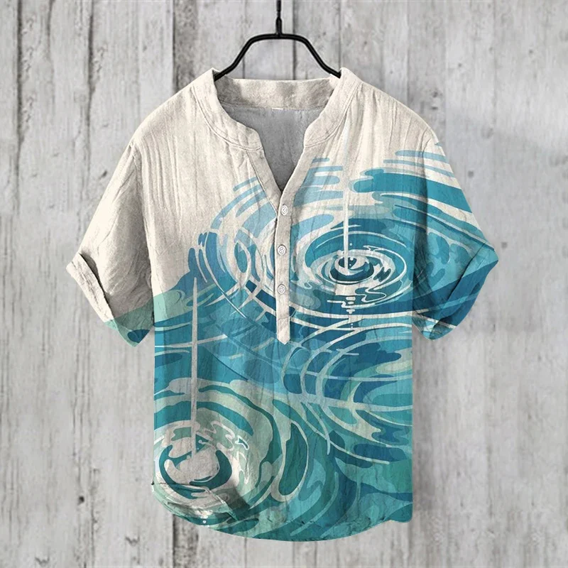 

Spring and summer shirt independent station casual water drop xuan pattern Hawaiian style printed shirt men's stand collar top