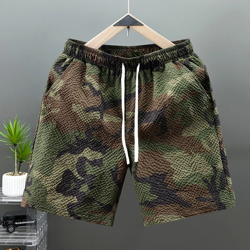 Printed Camouflage Waves Texture Shorts Elastic Drawstring Straight Beach Drawstring Shorts Breathable Outdoor Leisure Shorts
