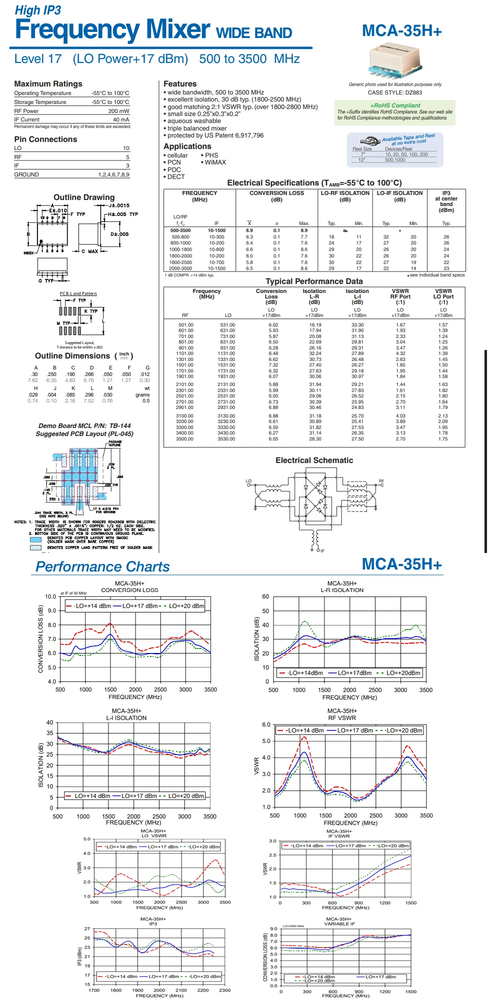 1pcs MCA-35H+ MCA-35H Frequency Mixer Surface Mount SMT Wideband 500 to 3500 MHz 50Ω 50ohm LO Power 17 dBm Triple Balanced Mixer