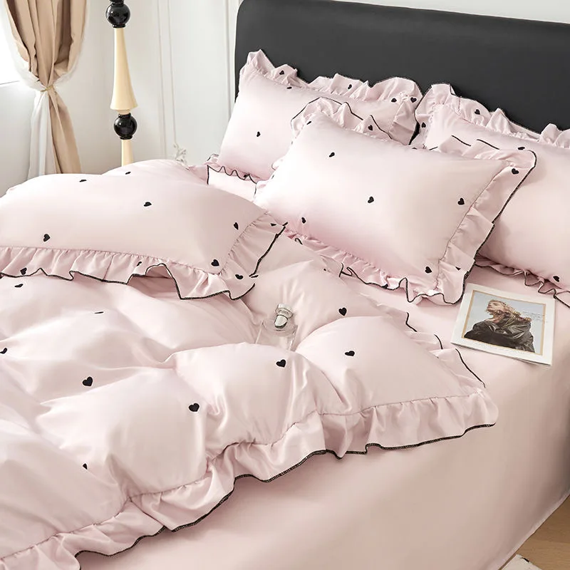 

Korean Pink Heart Duvet Cover Sets For Girls 2025 New Blue Dot Ruffles Bedding Sets 4PCS Queen Size for Bedroom Guest Room