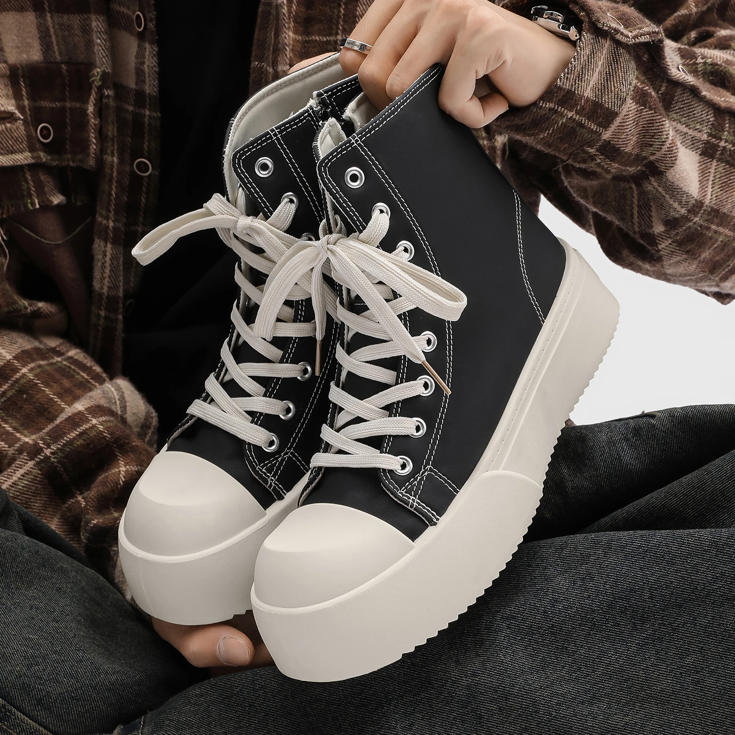 2026 Spring New Men's High-Top Platform Sneakers | All-Season Trendy Round Toe | Versatile Casual Athletic Shoes