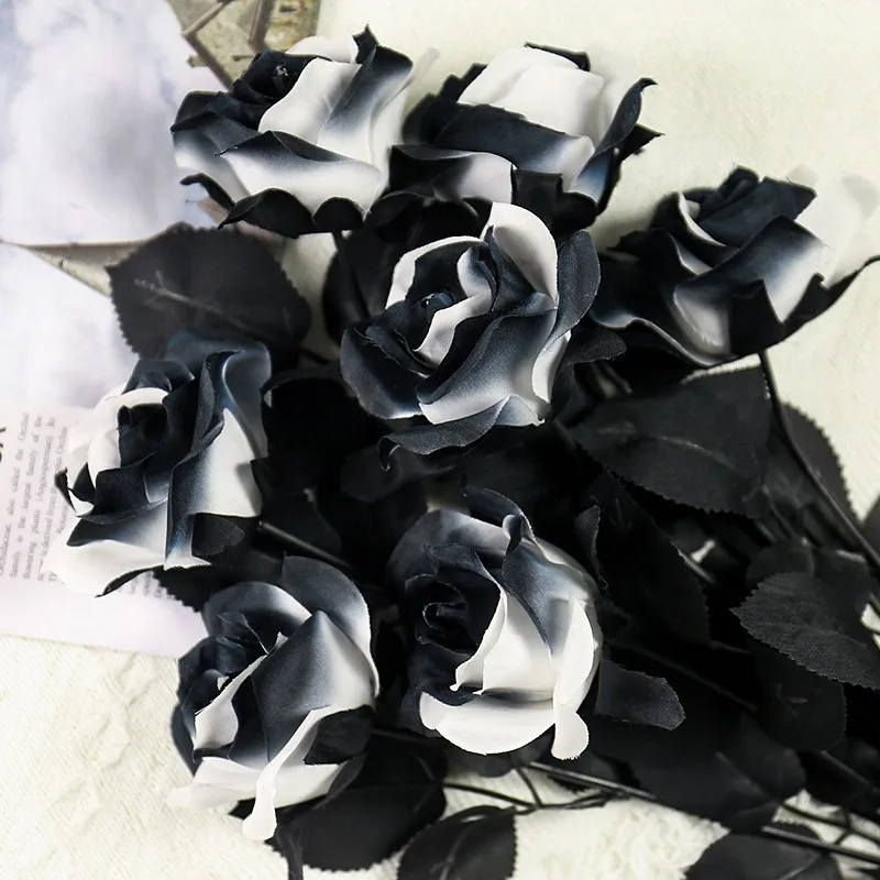 Halloween Artificial Rose Flower Black White Rose Fake Flower Wedding Floral Arrangement Background Layout Decoration