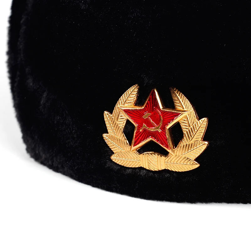 Sowjetische Armee Militärabzeichen Russland Uschanka Bombermützen Piloten-Trappermütze Wintermütze mit Kunstkaninchenfell-Ohrenklappe Herren Schneemützen – Detail 6