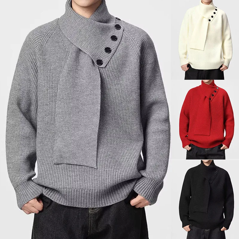 

Loose Men's Knitted Sweater Button Design Casual Style Autumn Winter Trendy Cross-Border Fashion Necktie Long Sleeve round Co...