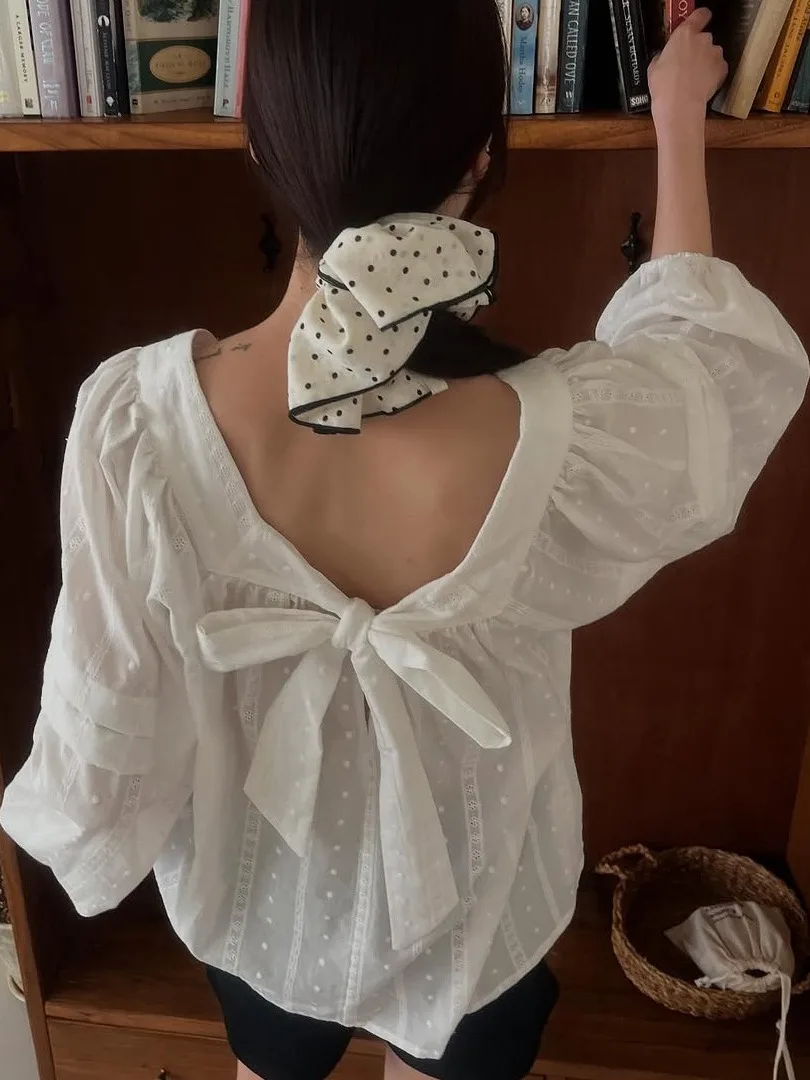 Slimming Effect  Knot White irt Women's Spring Loose Design Square Collarbone Highlighting Loose Fit Korean Sle Top