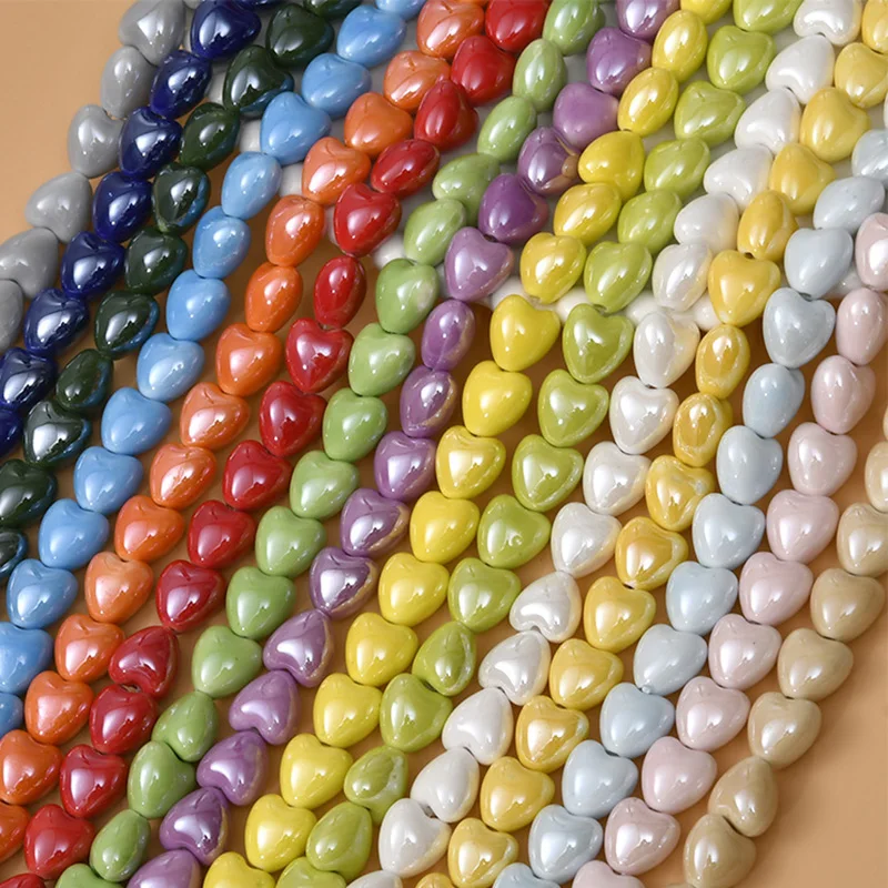 20pcs 10mm 12mm Glossy Heart Shape Fancy Glaze Ceramic Porcelain Loose Spacer Beads For Jewelry Making DIY Bracelet Findings