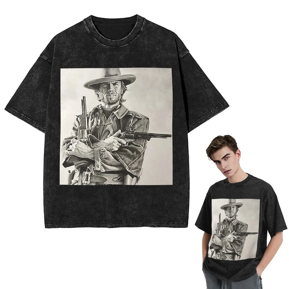 Streetwear T-Shirts Clint Eastwood Sketch Washed T Shirt Short Sleeve Hip Hop T-Shirt Tops Tees for Men Women