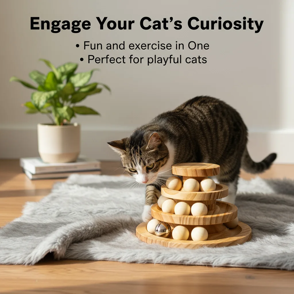 Solid Wood 3‑Layer Track Cat Toy, Rotating Puzzle Self‑Play Toy for Indoor Cats Relieve Boredom