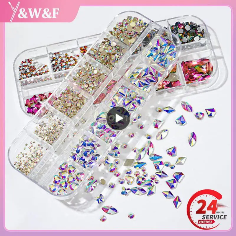 12Gird Box wiele rozmiarów AB/kolorowe poprawki dżetów Flatback kryształowe klejnoty 3D brokat Nail Art luksusowe dekoracje &*&