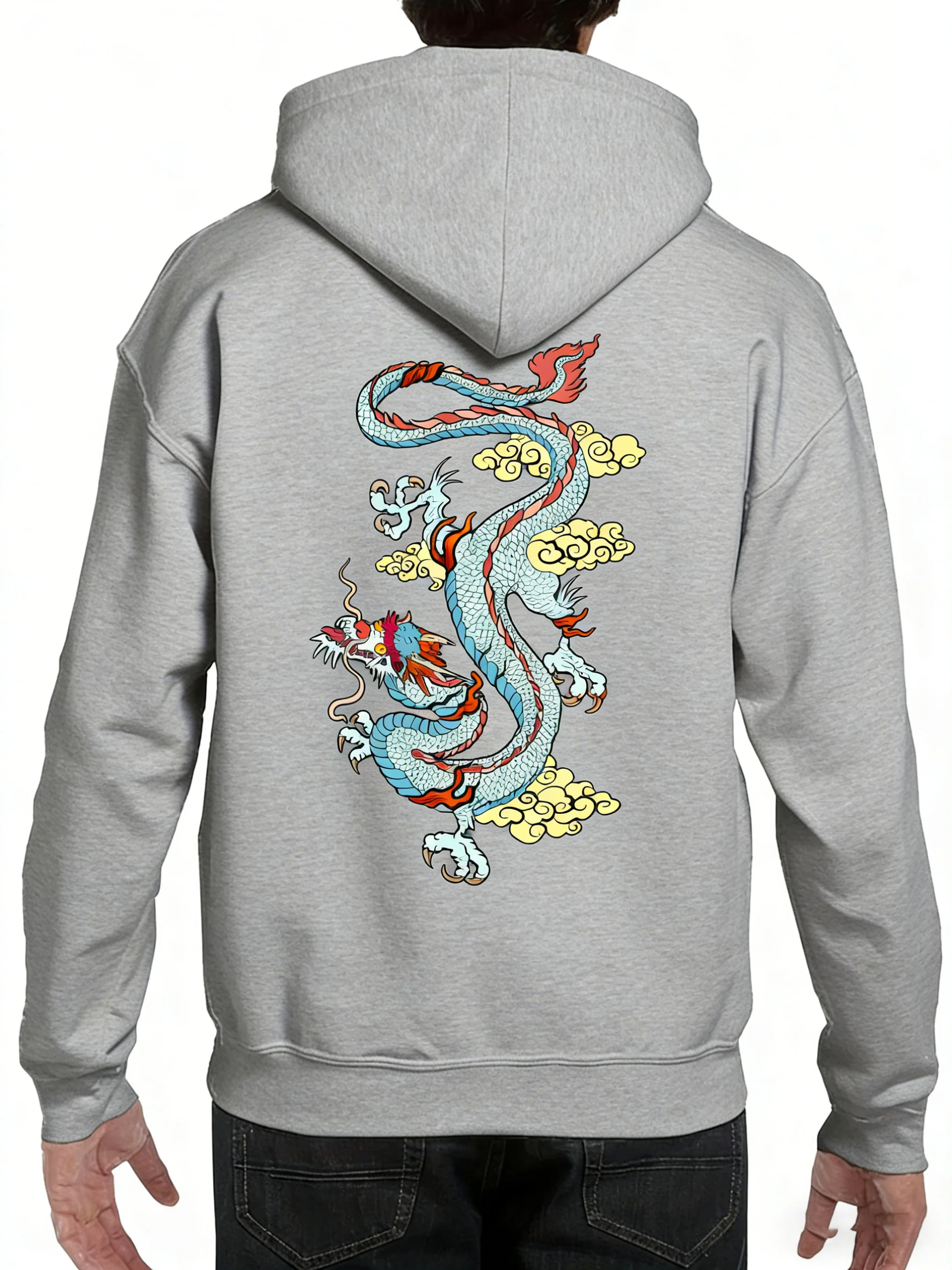 Men's Red Dragon Pattern Hoodie — Casual Polyester Pullover