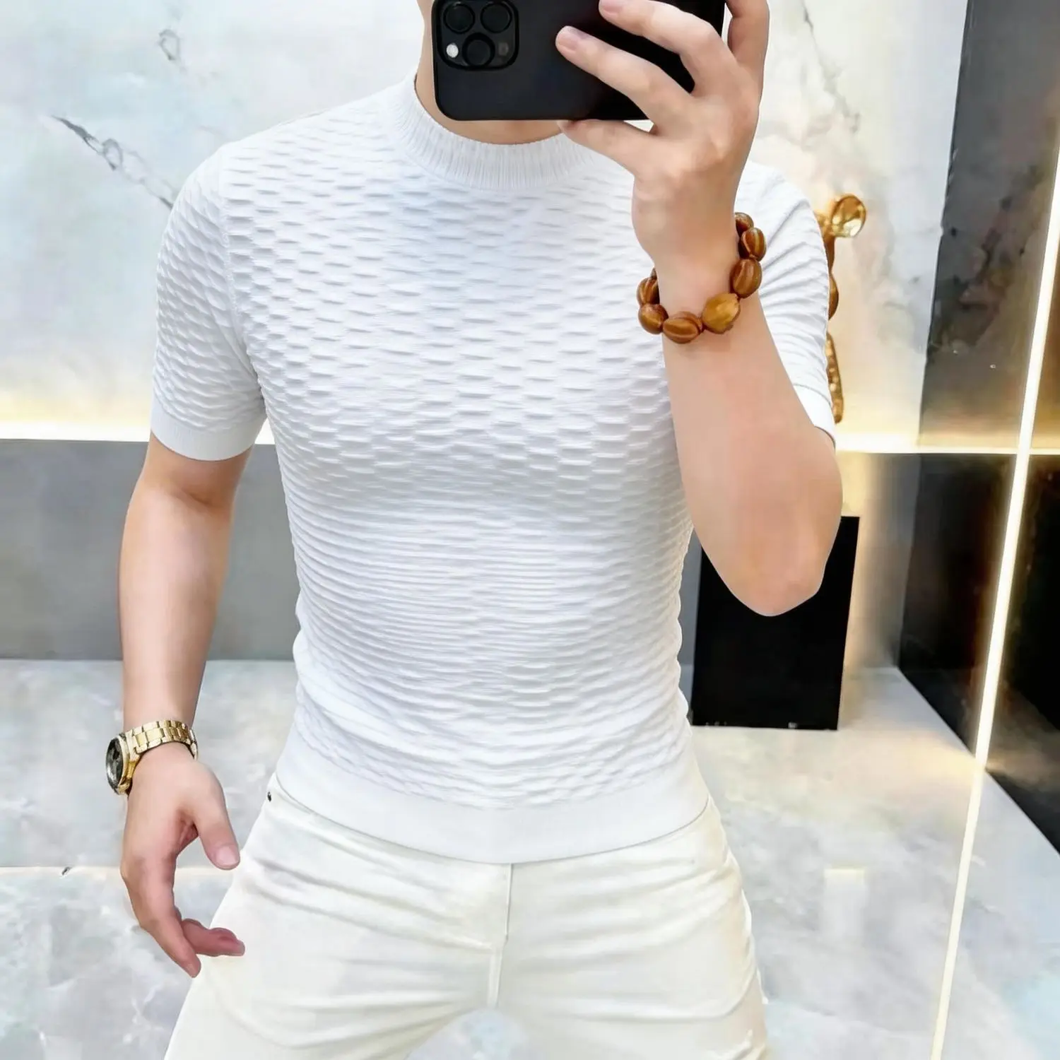 

Мужская футболка из ледяного шелка с высоким воротником, коротким рукавом, трикотажная, базовая, приталенная, повседневная, весенне-летняя, модная мужская одежда