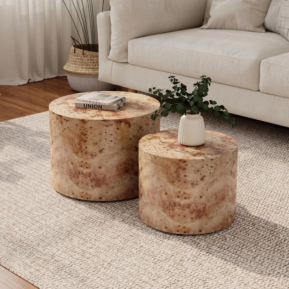 Juego de 2 mesas de centro anidadas de madera redondas modernas para sala de estar, acabado natural, fácil montaje
