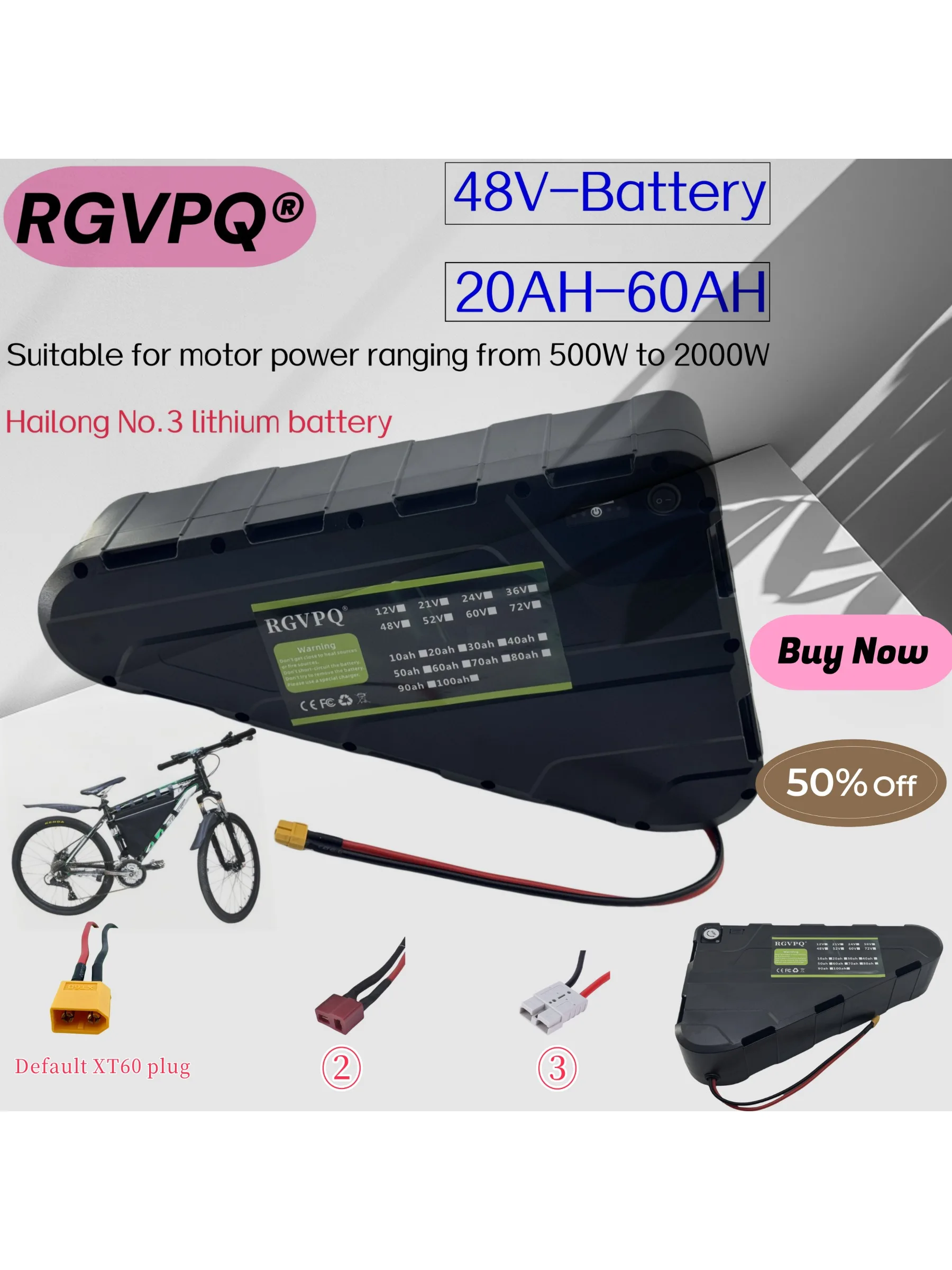 48V60AH Hoge capaciteit, snel luchtvervoer, waterdichte harde behuizing Sterk vermogen batterij 500W750W1000W driehoekige batterij - afbeelding 2