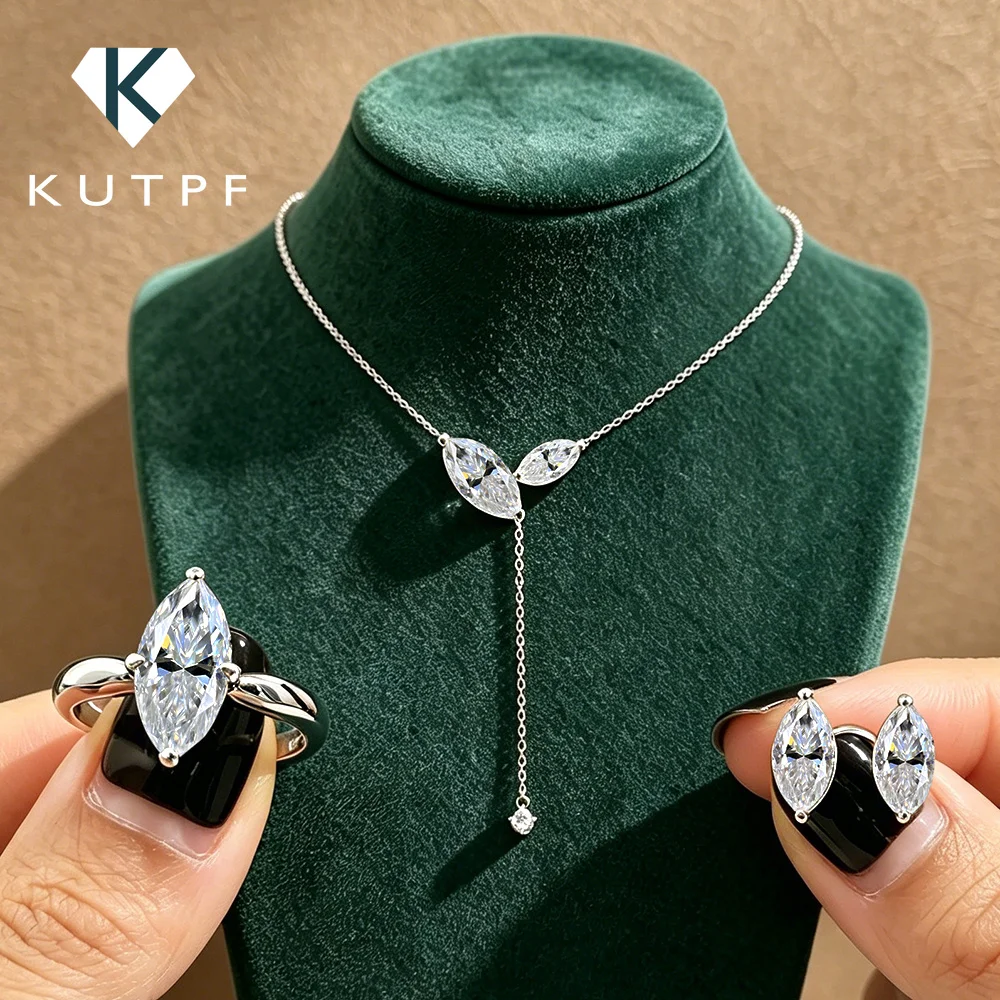 Marquise Cut Moissanite Jewelry Set For Women Lab Diamond Lariat Pendant Necklace Stud Earring Wedding Ring With Certificate