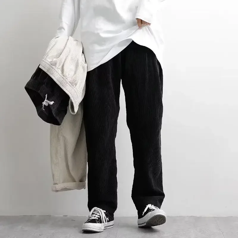 Japanese Corduroy Pants Men Autumn Loose Elastic Waist Solid Color Straight Pants Retro Casual Trousers for Men Baggy Pants