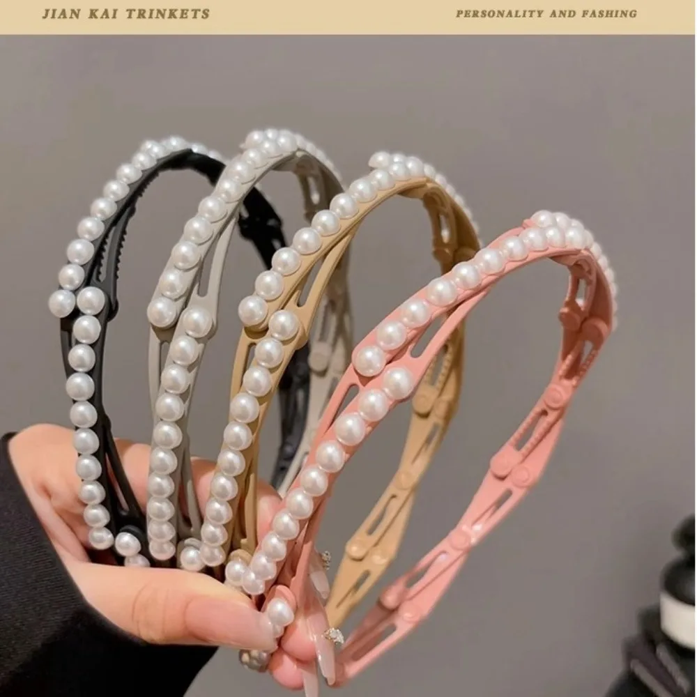 Retractable Foldable Pearl Hairbands Easy To Carry Headband Unisex Forehead Hair Finish Bands Toothed Non Slip Headband