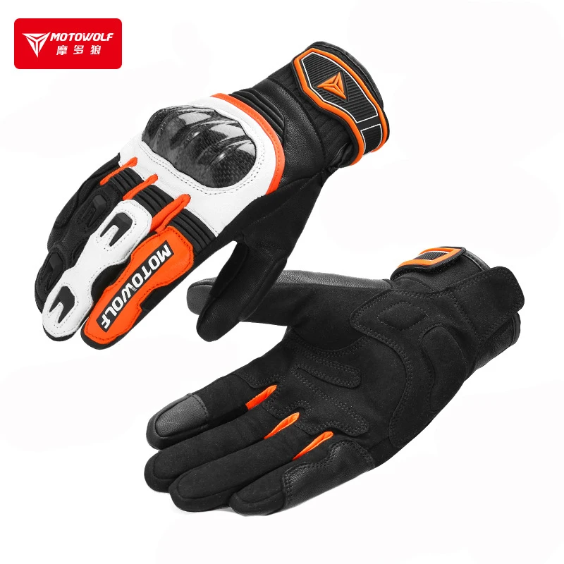 Leather Motorcycle Gloves Women Men Carbon Fiber High Quality Winter Cycling Riding Gloves ATV Full Finger Touch Screen