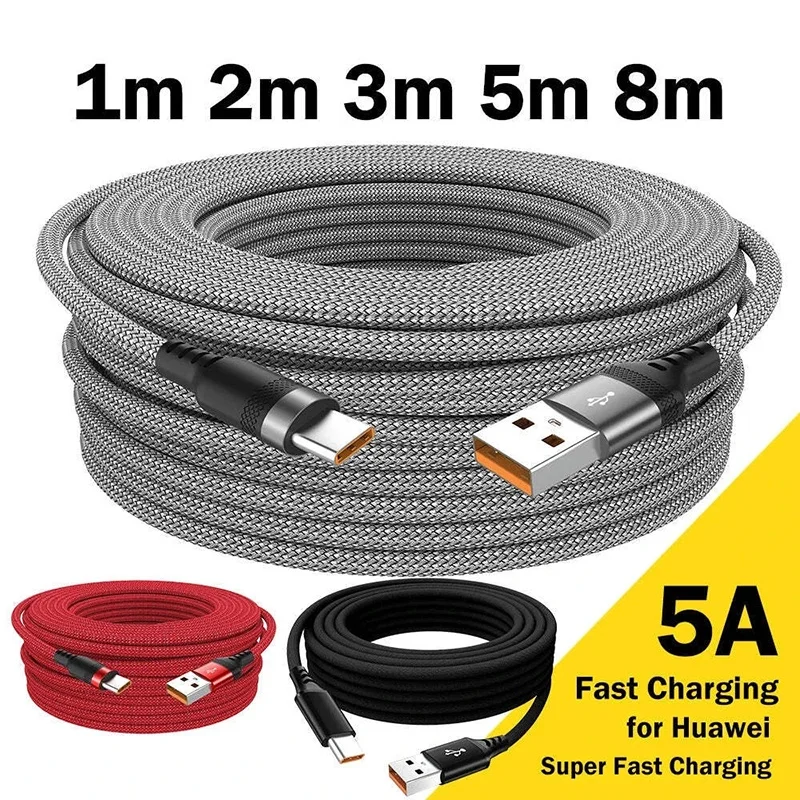 1m 2m 3m 5m 8m USB Type C Cable 6A Super Fast Charging Cable USB C Extended Data Cord For Huawei Xiaomi Vivo Leeco OnePlus Oppo