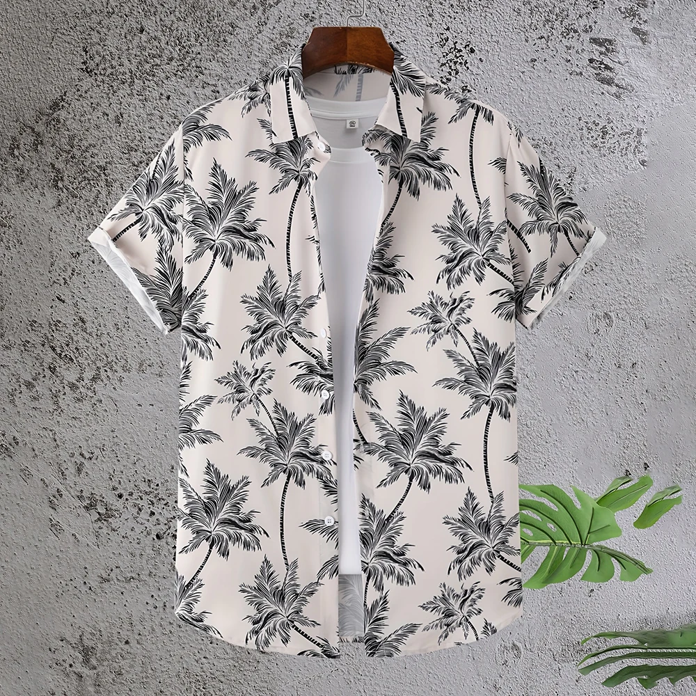 

Men Creative Shirt Fashion Coconut Tree Print Short Sleeve Shirt Hawaii Vacation Casual Shirt Men Large Size Lapel Button Up Top