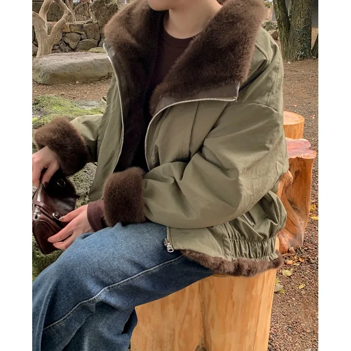 Women's Loose Fit Double-Sided Fur Lined Cotton Jacket Coat Chic Retro Design Autumn Winter Warm Outerwear Korean Style