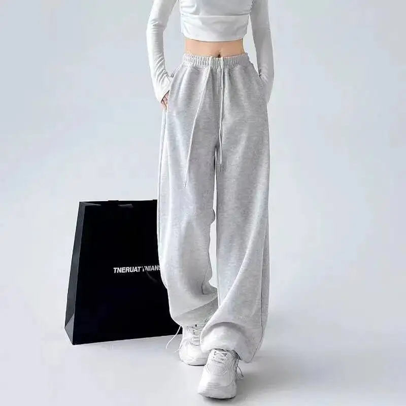 

Женские однотонные спортивные штаны в американском стиле с эластичной резинкой на талии, свободные прямые повседневные брюки, женские корейские уличные мешковатые спортивные брюки